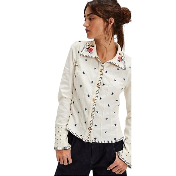 We the Free Ivory Ditsy Embroidered Little Shirt Blouse Womens S - Picture 8 of 8